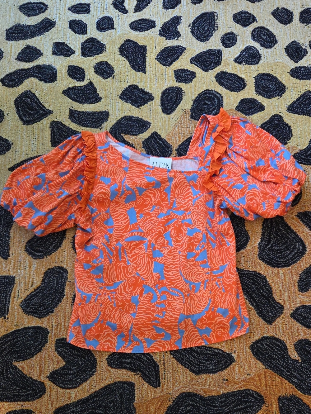Alden Orange Puff-Sleeve Printed Blouse with Blue Pattern